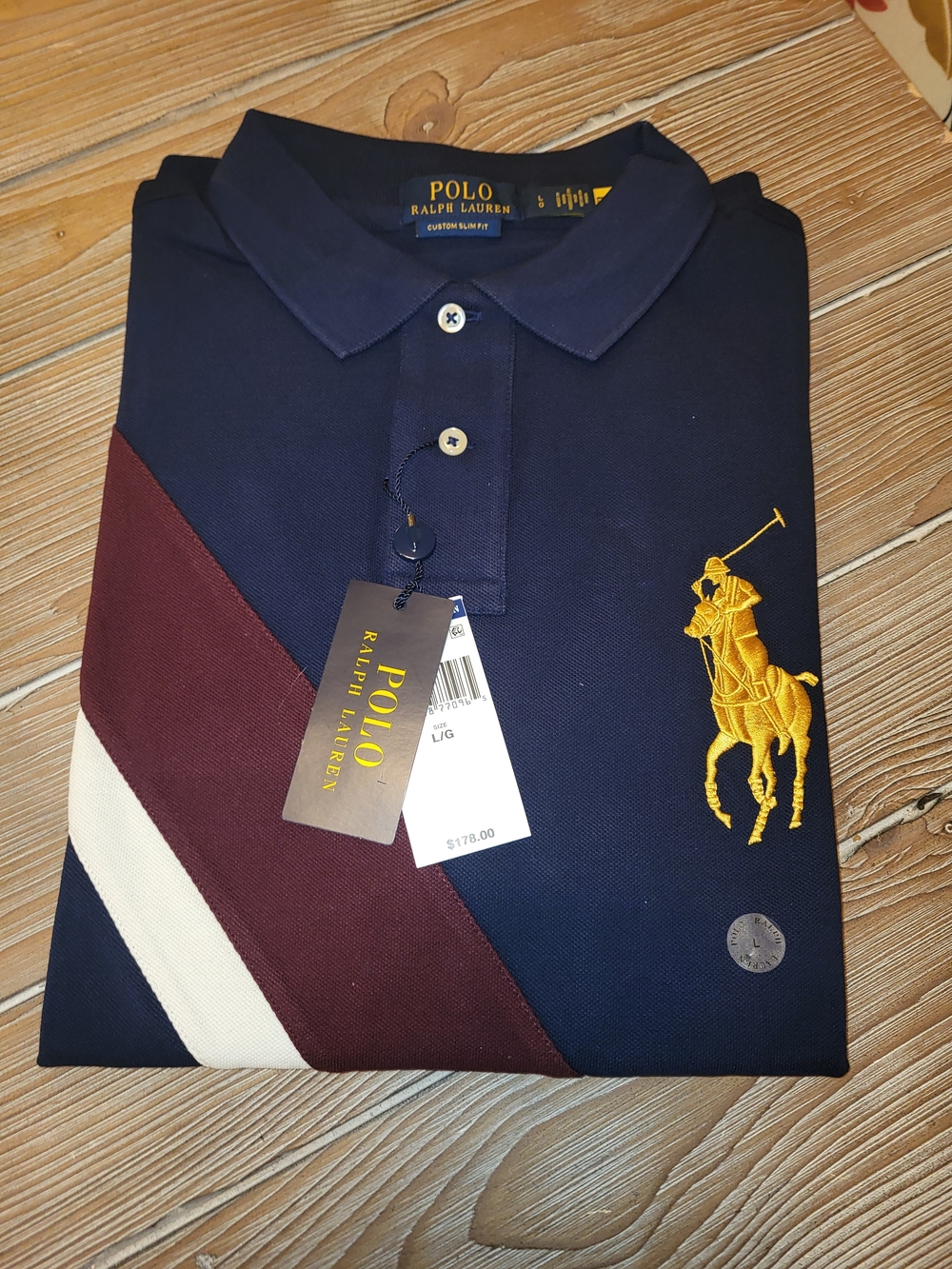 Ralph Lauren Navy Polo with Yellow Pony and Burgundy/White Diagonal Stripe #1